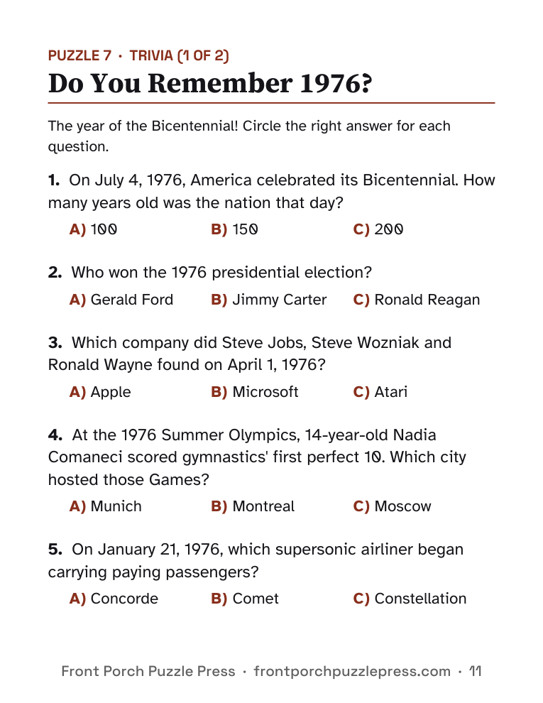 Do You Remember 1976? printable trivia page with multiple-choice questions
