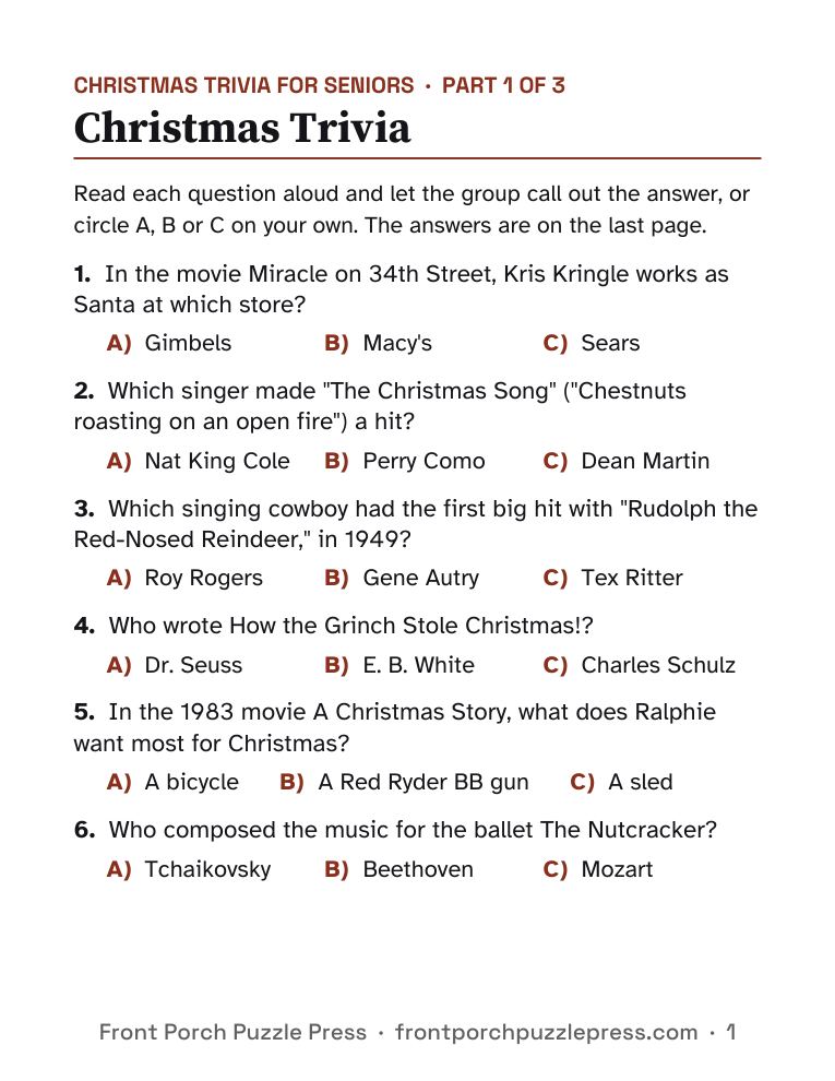 Christmas Trivia, first page of the free printable