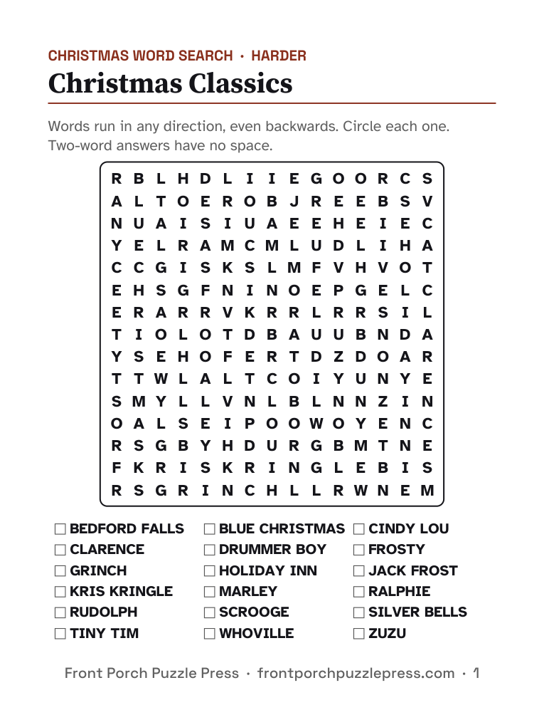 Christmas Classics word search, first page of the free printable