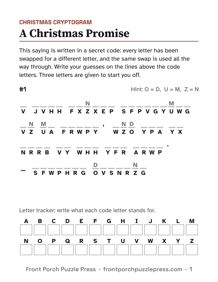 A Christmas Promise cryptogram, first page of the free printable