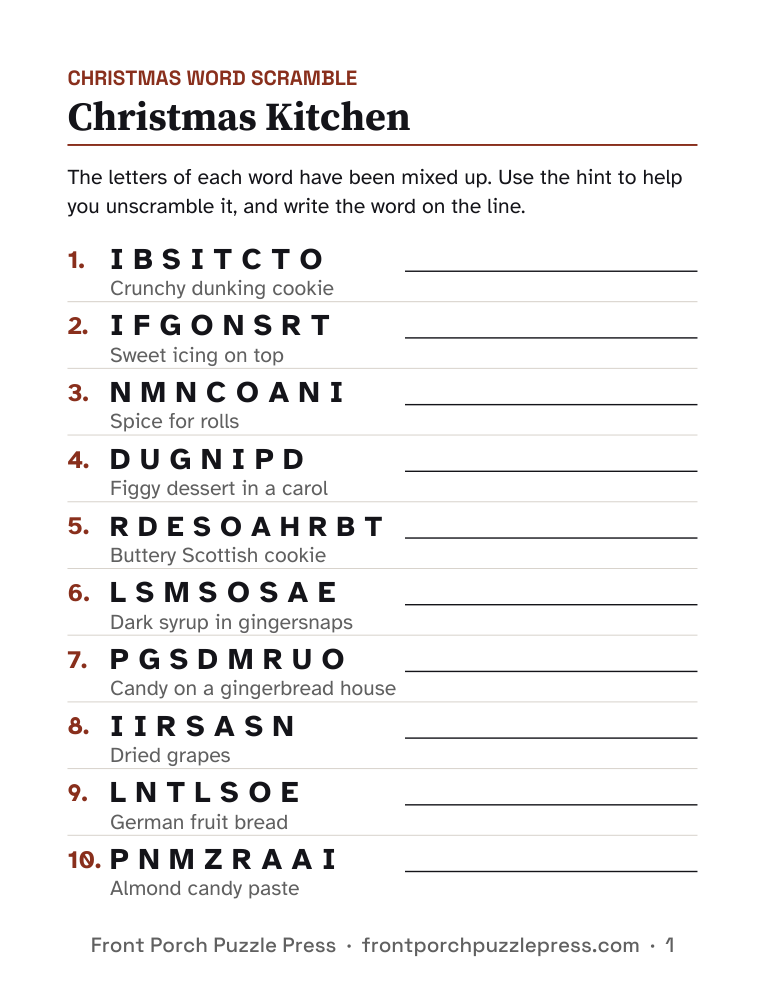 Christmas Kitchen word scramble, first page of the free printable