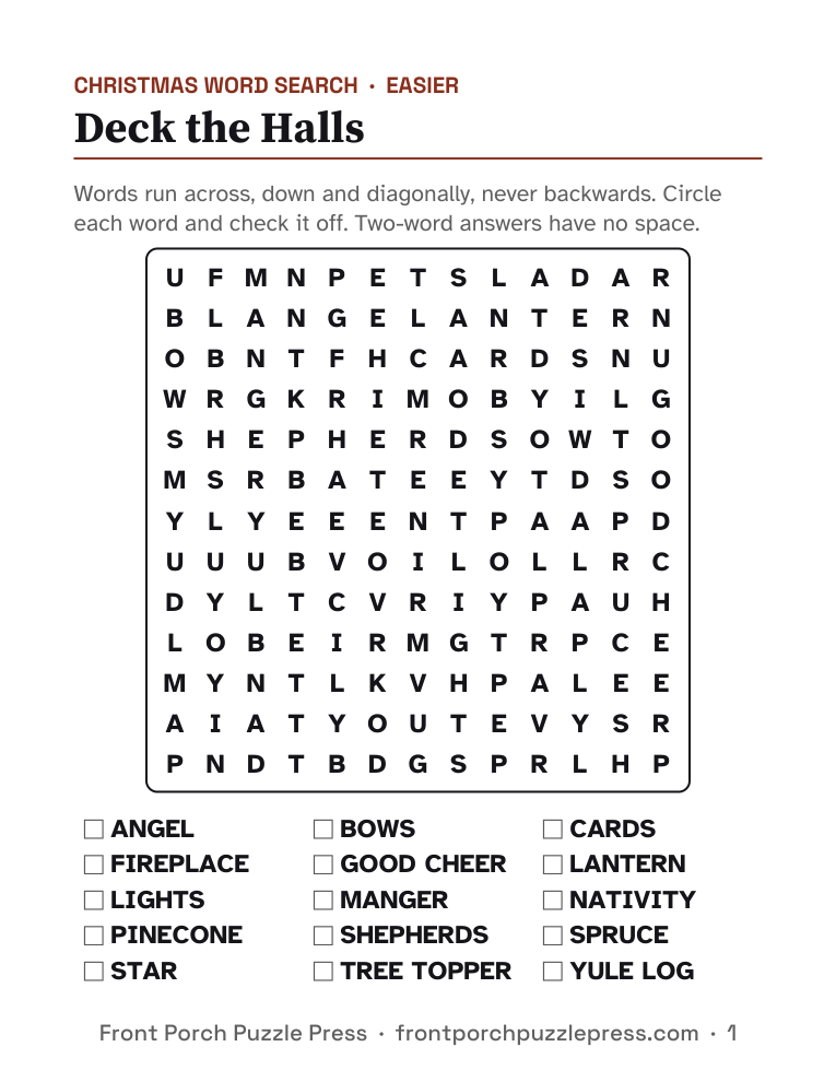 Deck the Halls word search, first page of the free printable