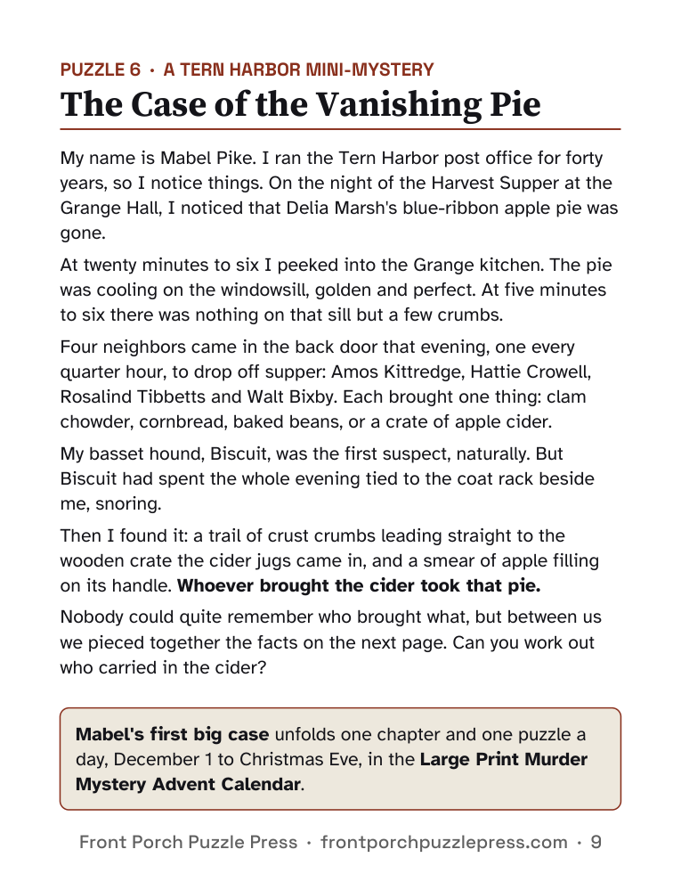 The Case of the Vanishing Pie, a one-page cozy mystery story in large print