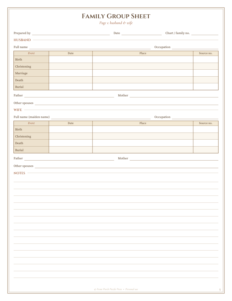 Fillable family group sheet, page 1