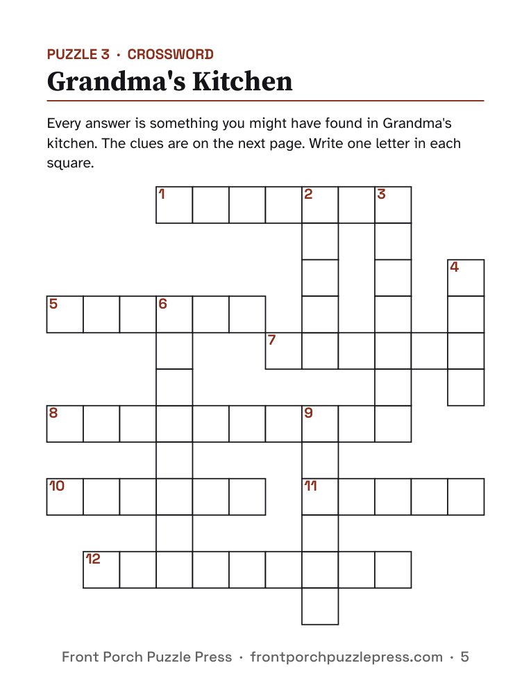 Grandma's Kitchen large print crossword grid with numbered squares
