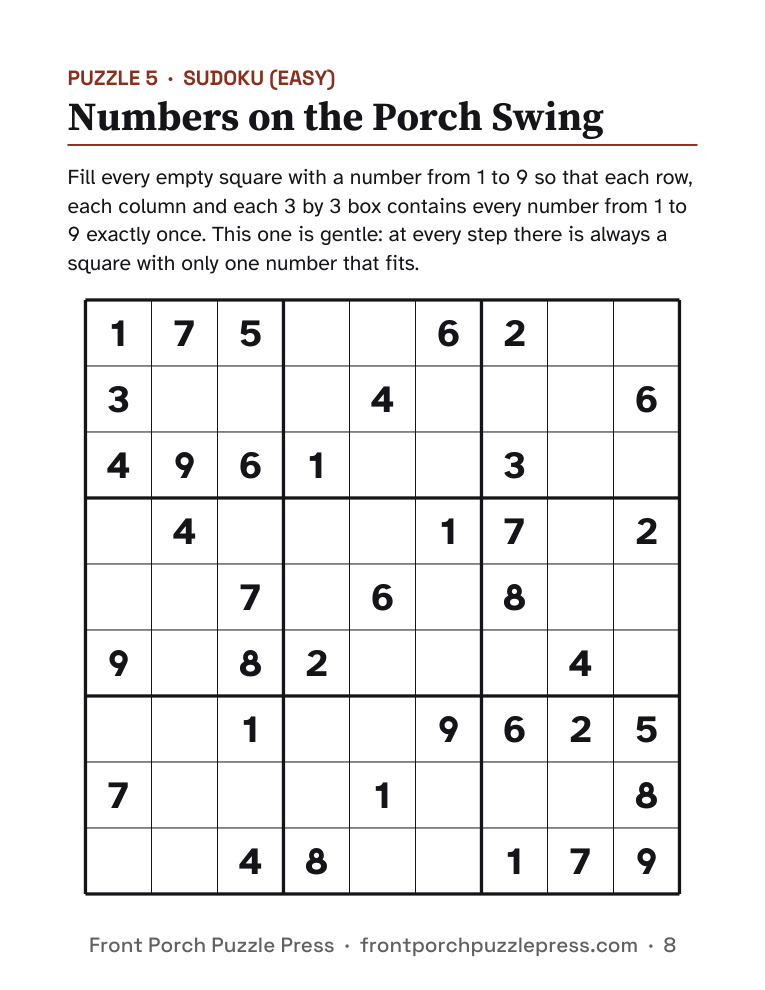 Numbers on the Porch Swing easy large print sudoku grid