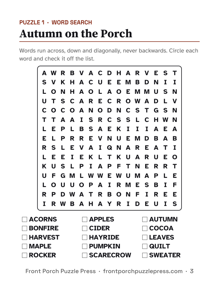 Autumn on the Porch large print word search with a word list of fall words
