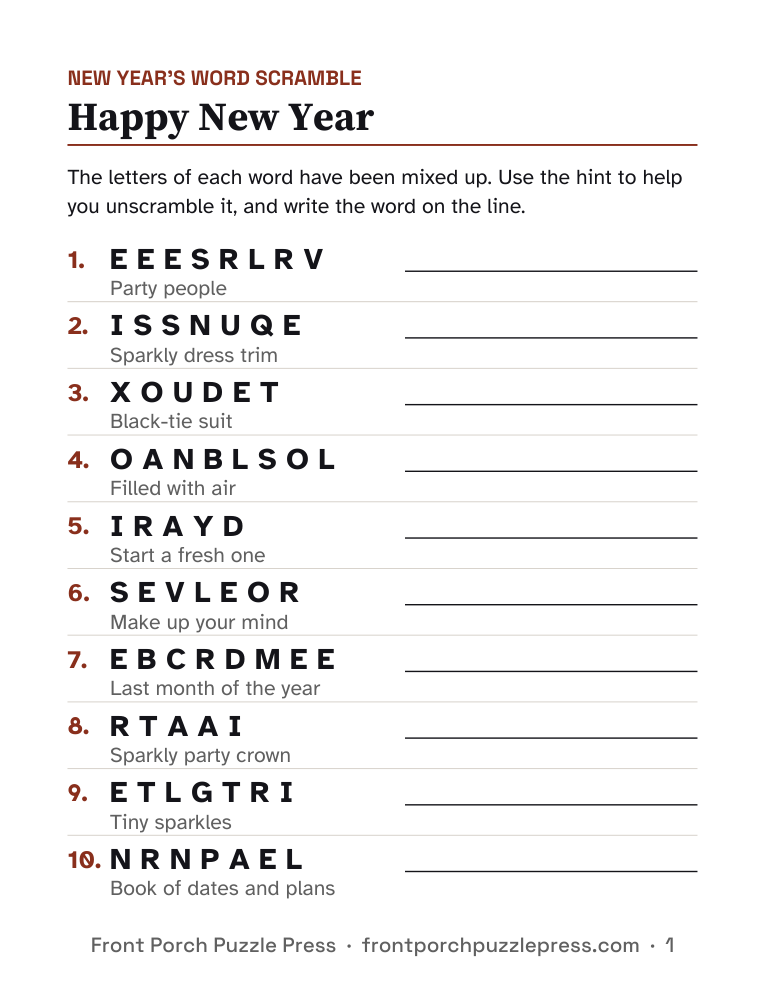 Happy New Year word scramble, first page of the free printable