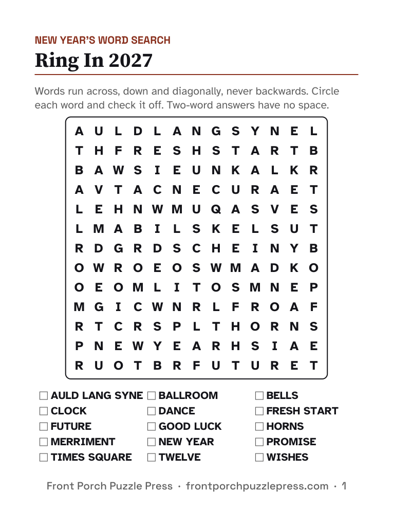 Ring In 2027 word search, first page of the free printable