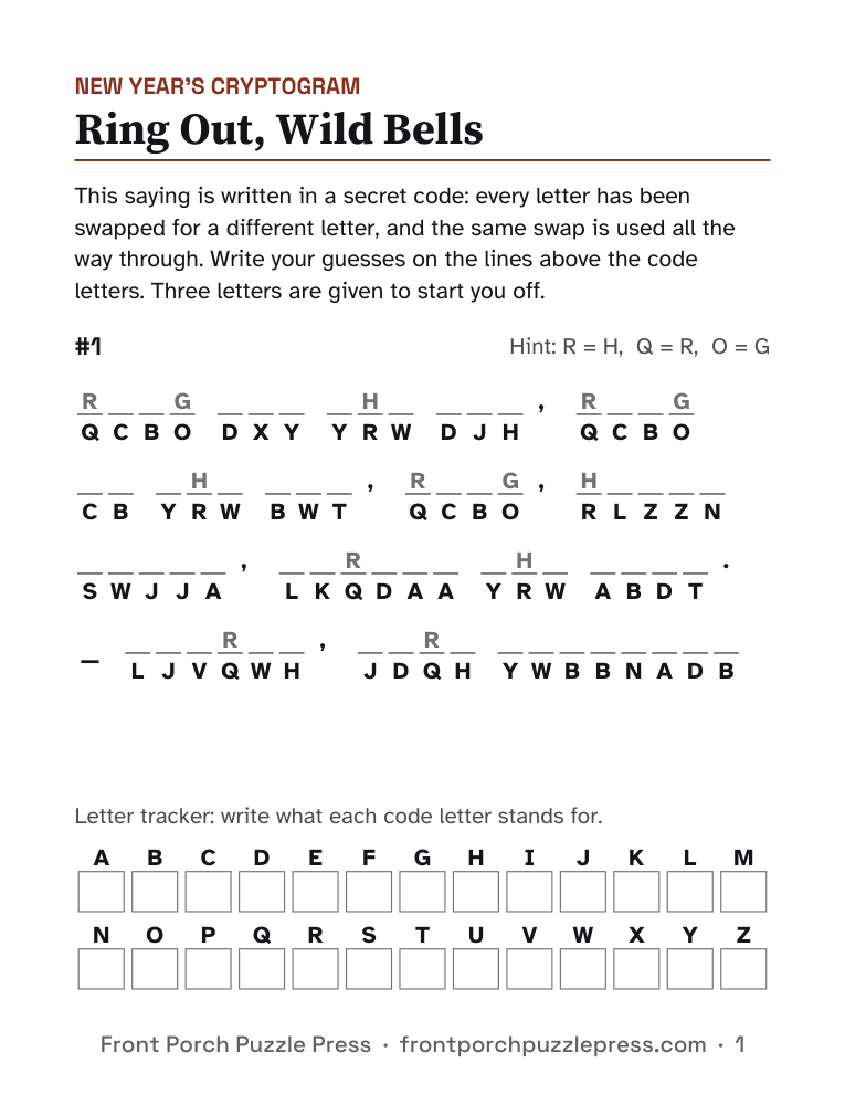 Ring Out, Wild Bells cryptogram, first page of the free printable
