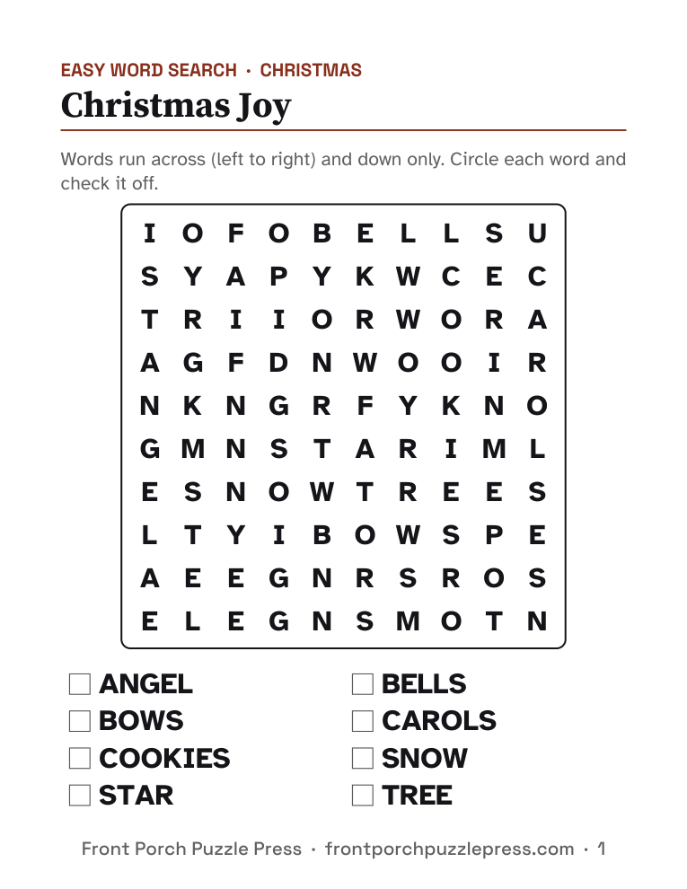 Christmas Joy word search, first page of the free printable