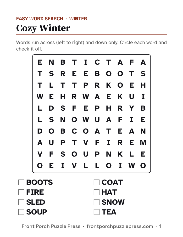 Cozy Winter word search, first page of the free printable