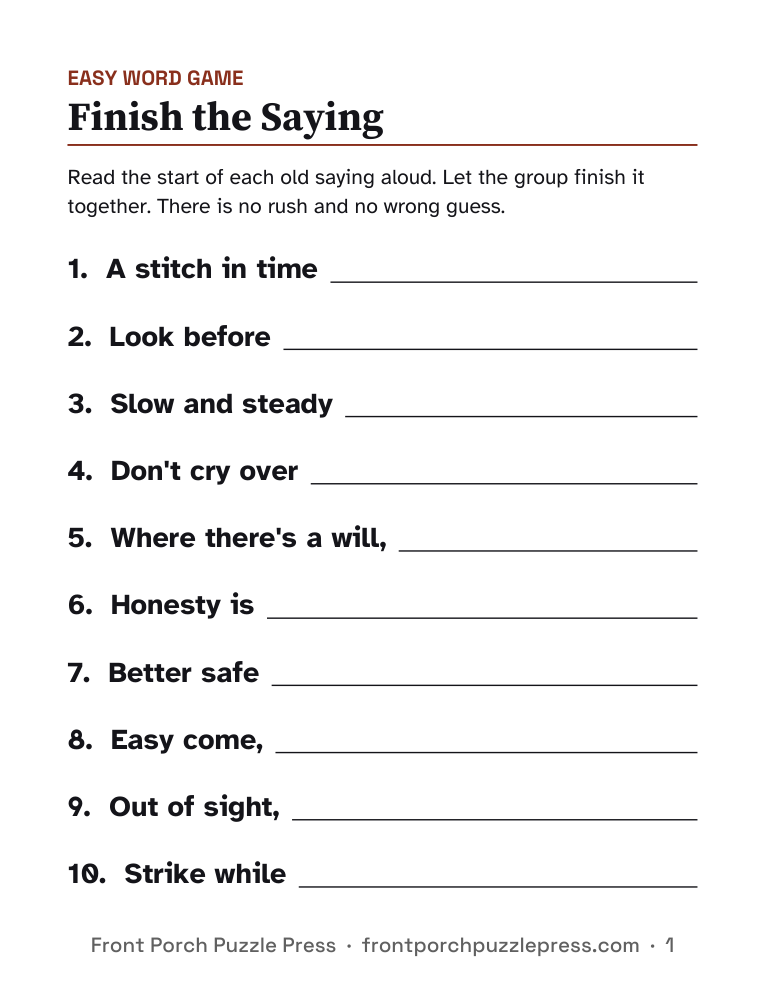 Finish the Saying, first page of the free printable