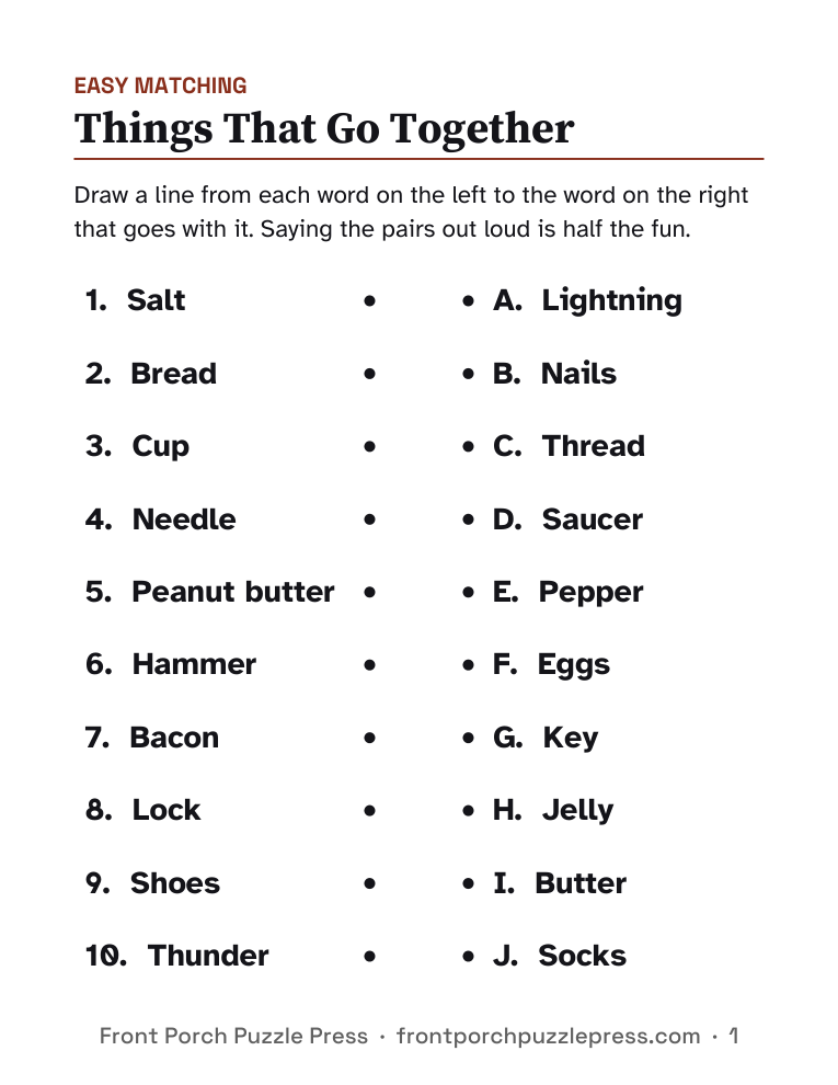 Things That Go Together, first page of the free printable