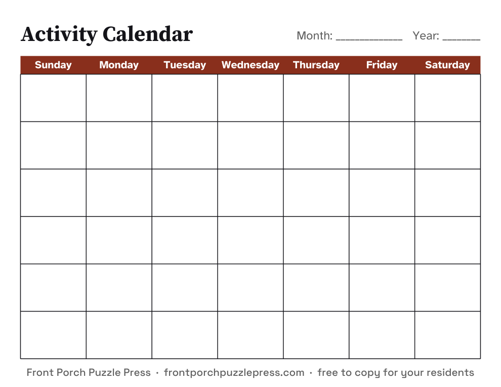 Blank monthly activity calendar, first page of the free printable