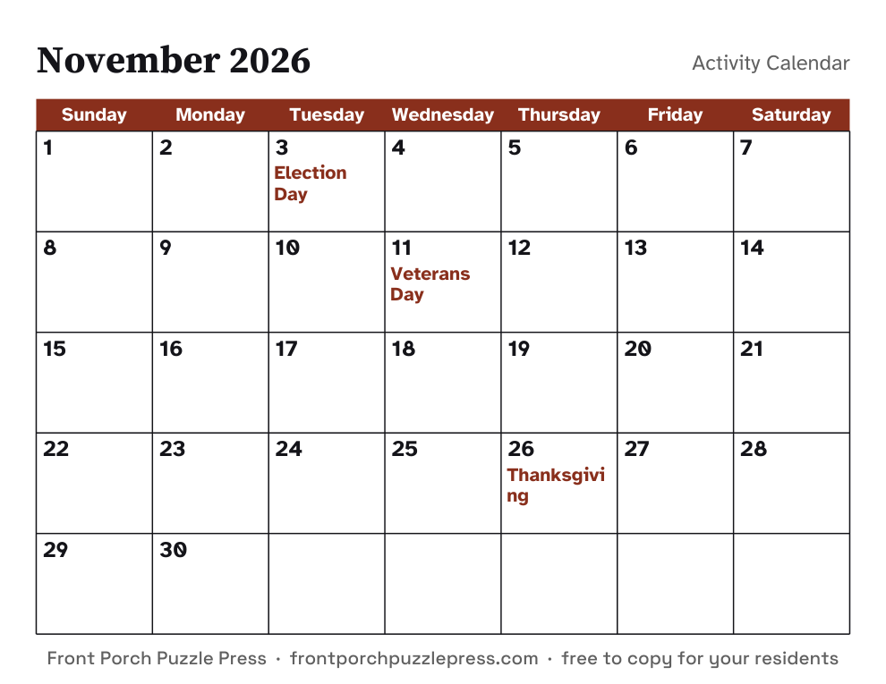 Dated calendars, Nov. 2026 to Dec. 2027, first page of the free printable