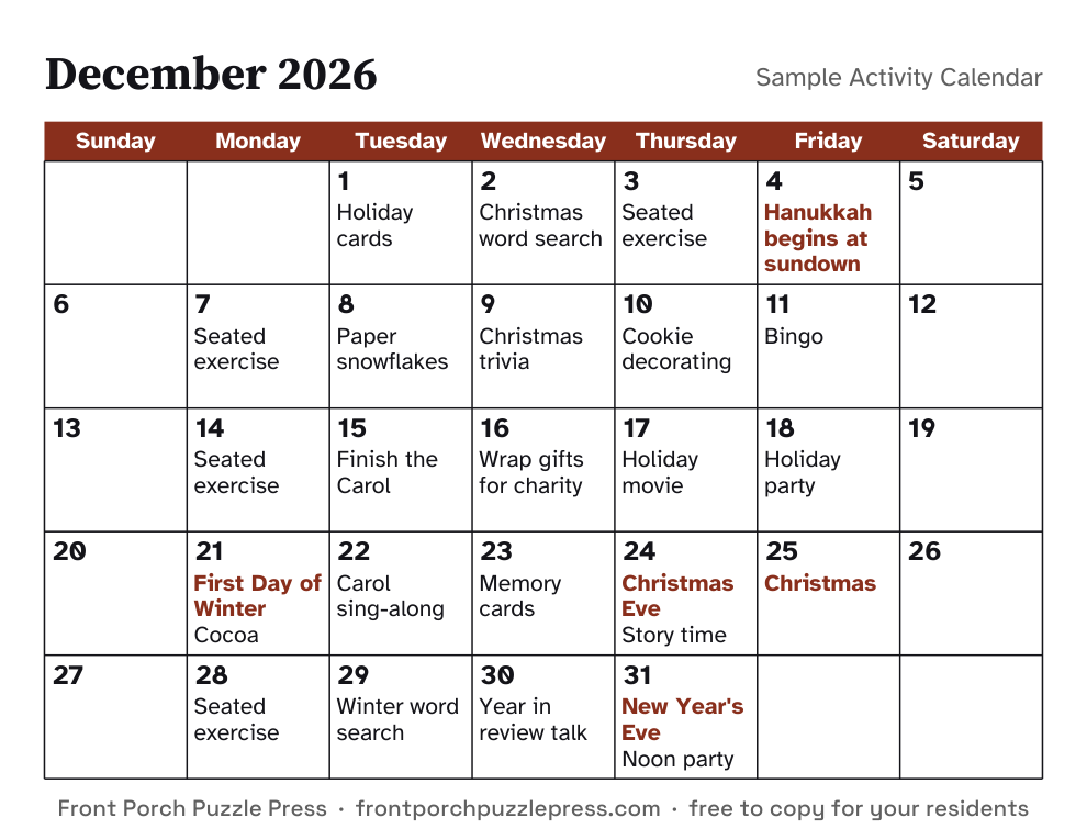 Sample calendar: December 2026, first page of the free printable