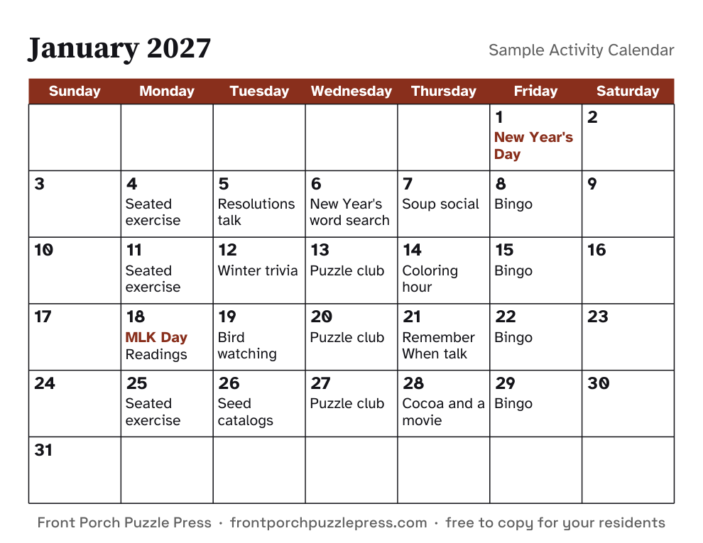 Sample calendar: January 2027, first page of the free printable