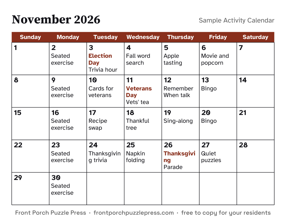 Sample calendar: November 2026, first page of the free printable