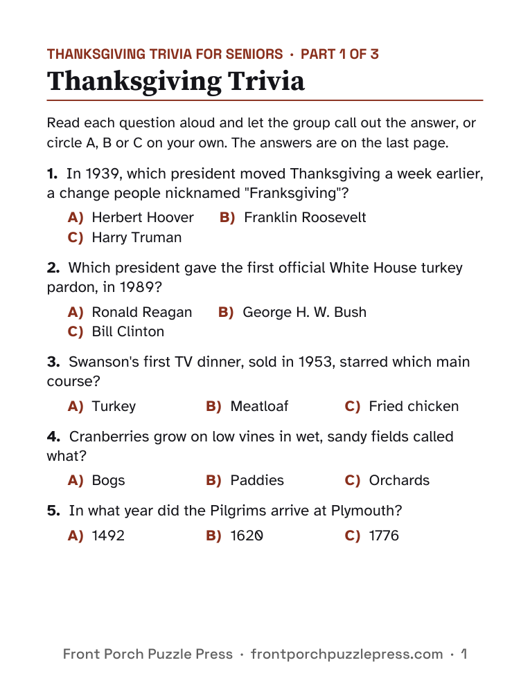 Thanksgiving Trivia, first page of the free printable