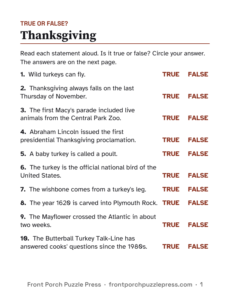 Thanksgiving true or false, first page of the free printable
