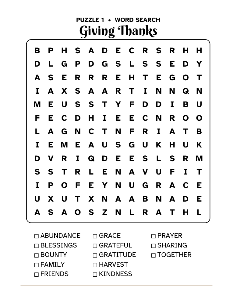 Giving Thanks large print word search puzzle with a word list of 16 Thanksgiving words