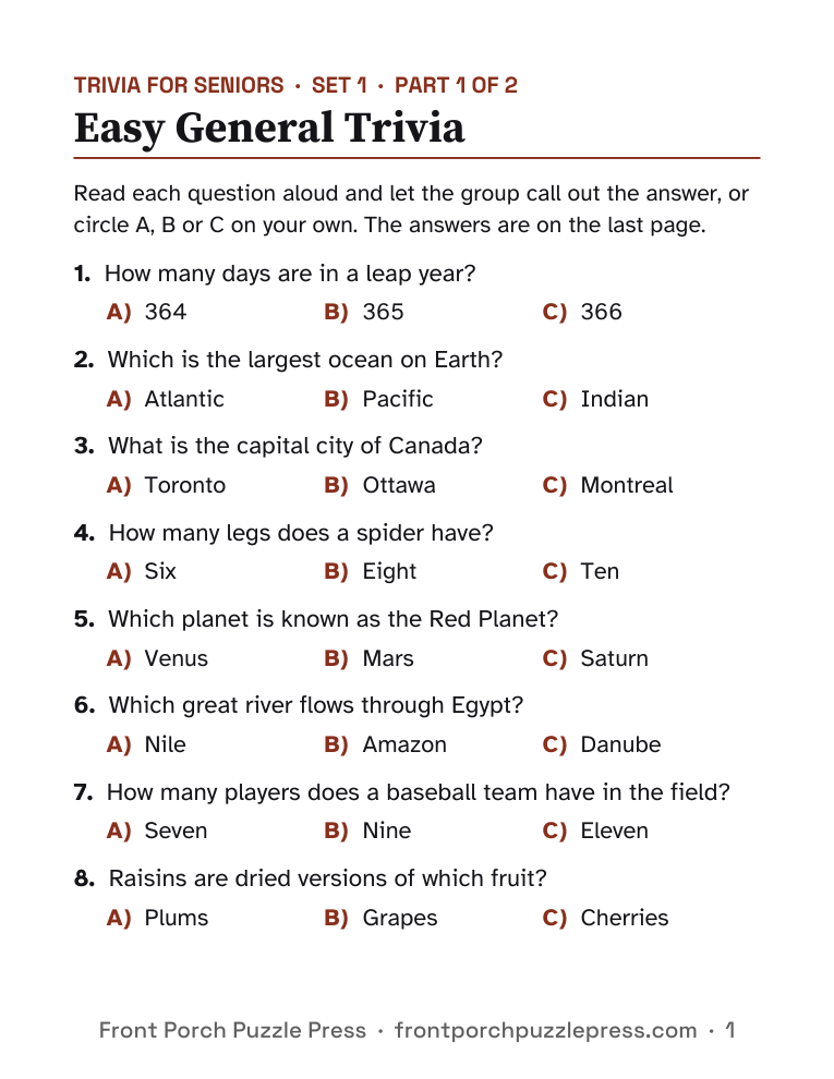 Easy General Trivia, first page of the free printable
