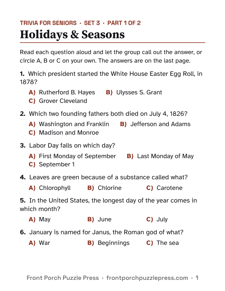 Holidays & Seasons, first page of the free printable