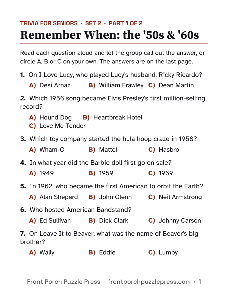 Remember When: the '50s & '60s, first page of the free printable