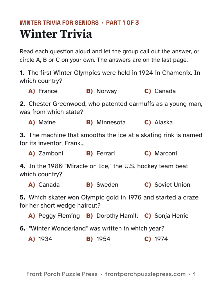 Winter Trivia, first page of the free printable
