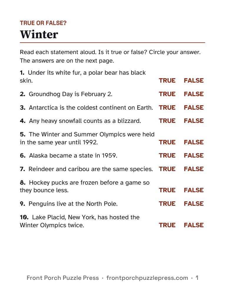 Winter true or false, first page of the free printable