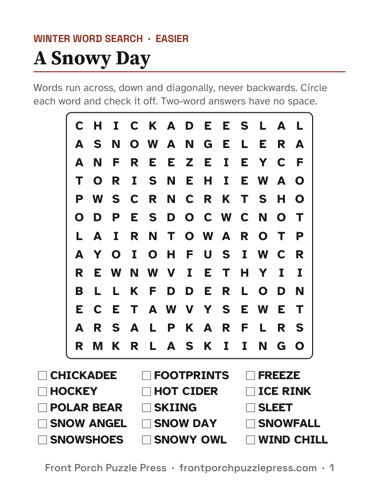 A Snowy Day word search, first page of the free printable