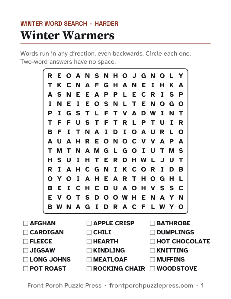 Winter Warmers word search, first page of the free printable