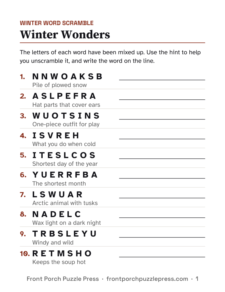 Winter Wonders word scramble, first page of the free printable