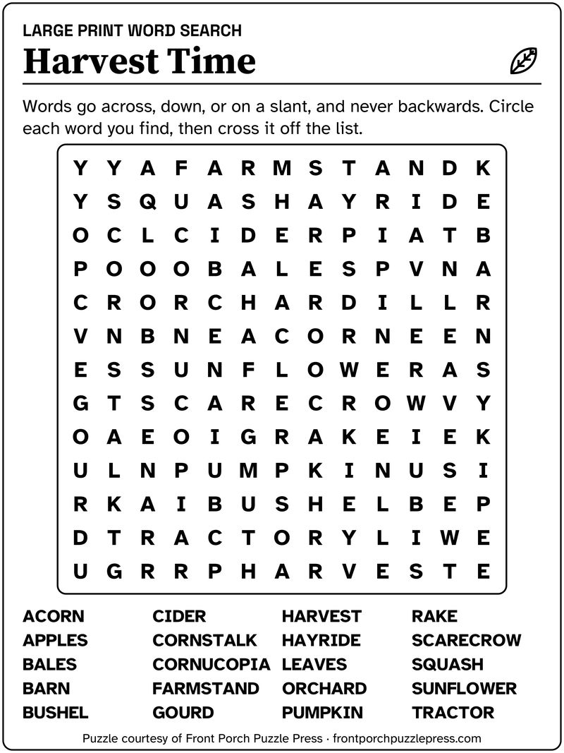 Harvest Time word search, November 2026, free large print printable