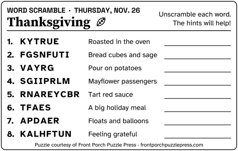 Thanksgiving word scramble, November 2026, free large print printable