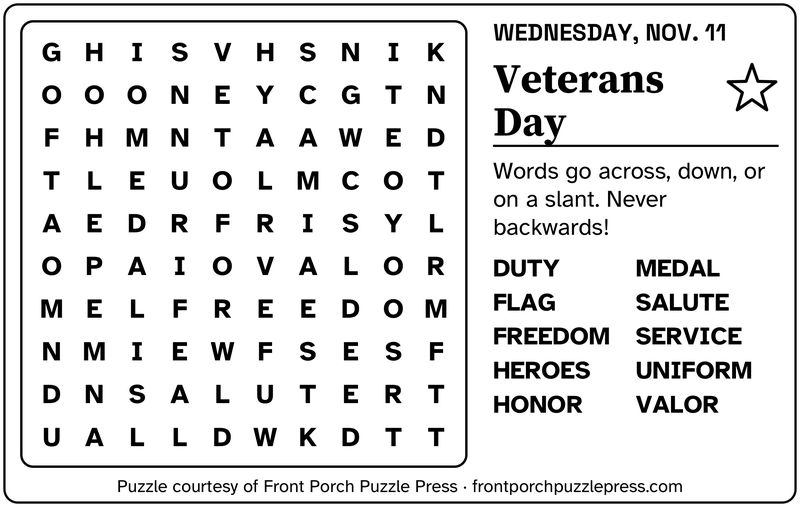 Veterans Day word search, November 2026, free large print printable