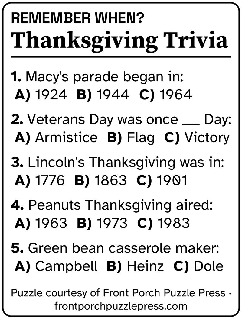 Remember When? Thanksgiving trivia, November 2026, free large print printable