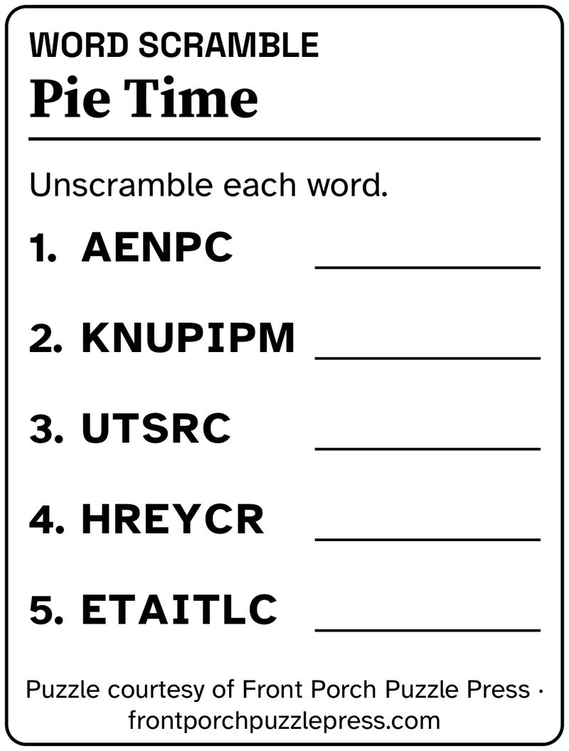 Pie Time word scramble, November 2026, free large print printable