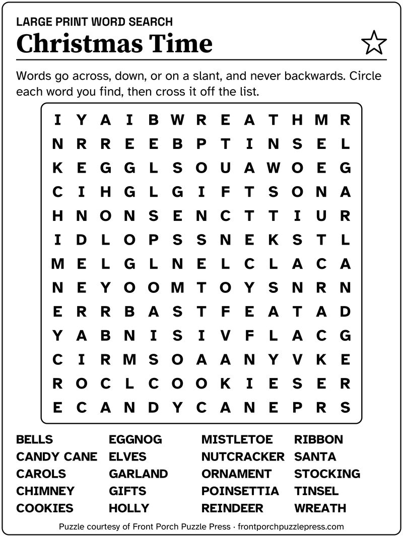 Christmas Time word search, December 2026, free large print printable