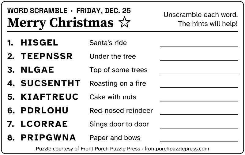 Merry Christmas word scramble, December 2026, free large print printable