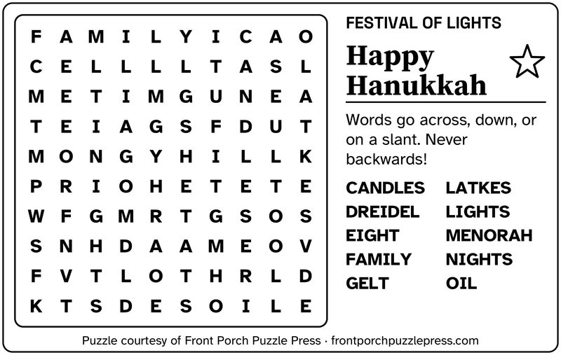 Happy Hanukkah word search, December 2026, free large print printable