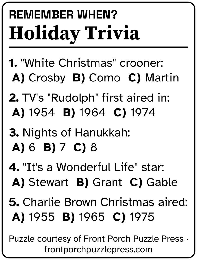 Remember When? Holiday trivia, December 2026, free large print printable