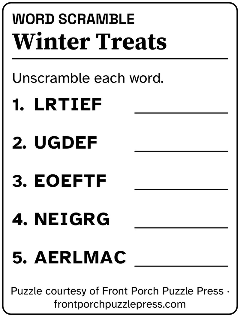 Winter Treats word scramble, December 2026, free large print printable