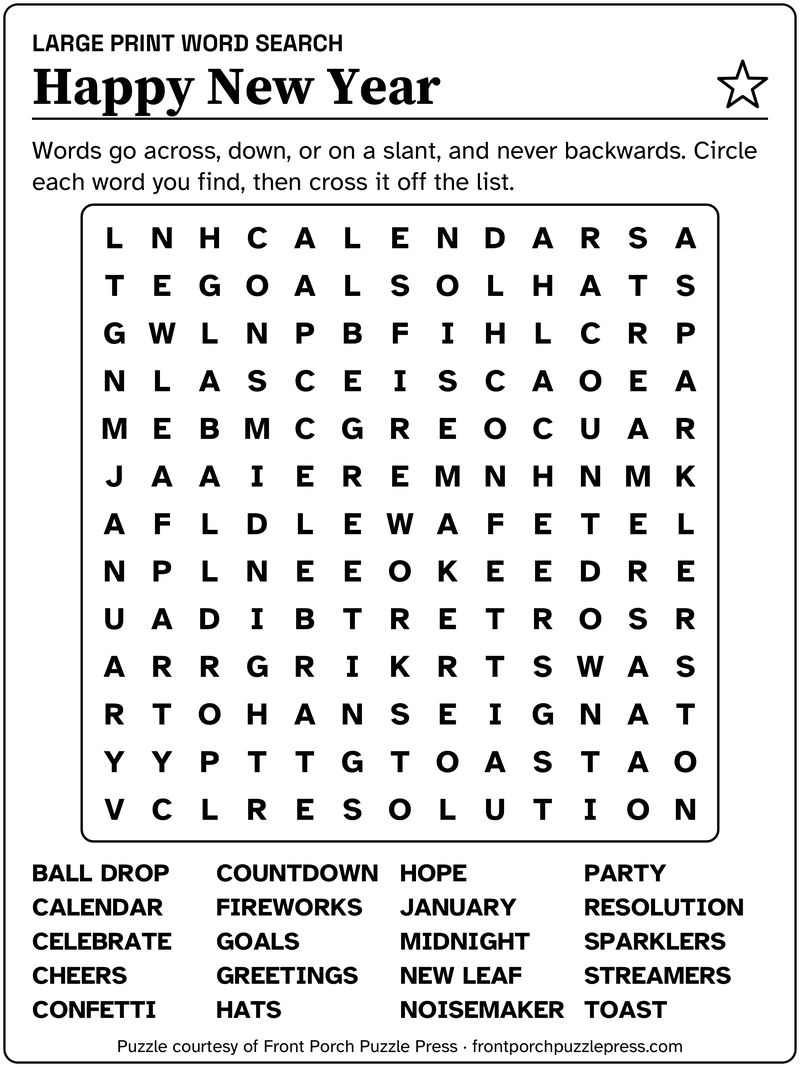 Happy New Year word search, January 2027, free large print printable