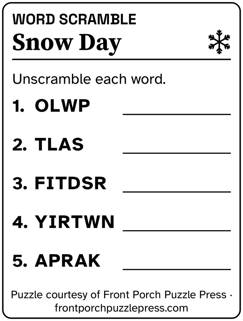 Snow Day word scramble, January 2027, free large print printable