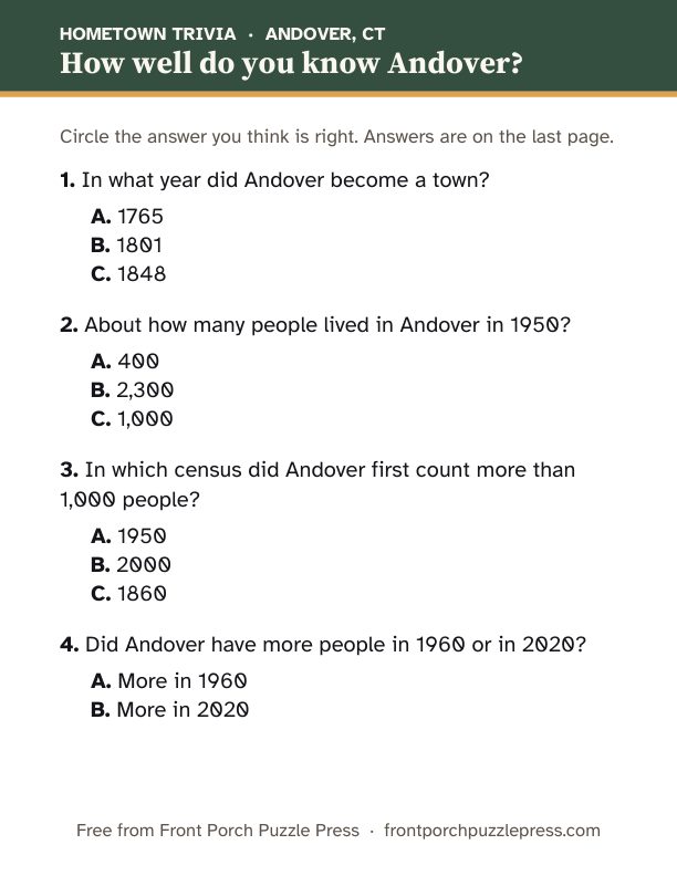 First page of the Andover hometown trivia kit