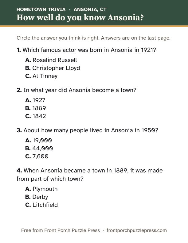 First page of the Ansonia hometown trivia kit
