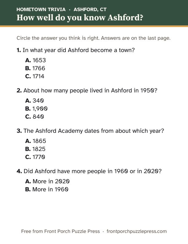 First page of the Ashford hometown trivia kit
