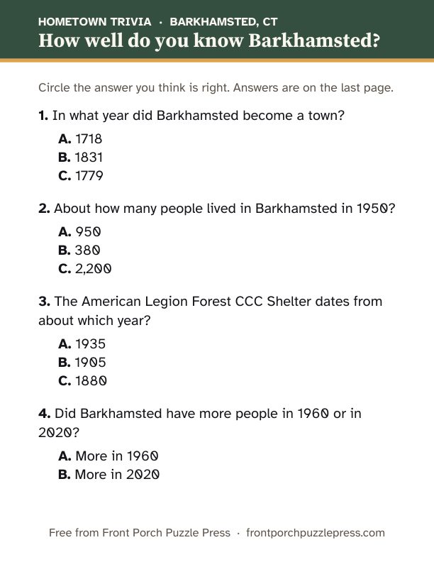 First page of the Barkhamsted hometown trivia kit